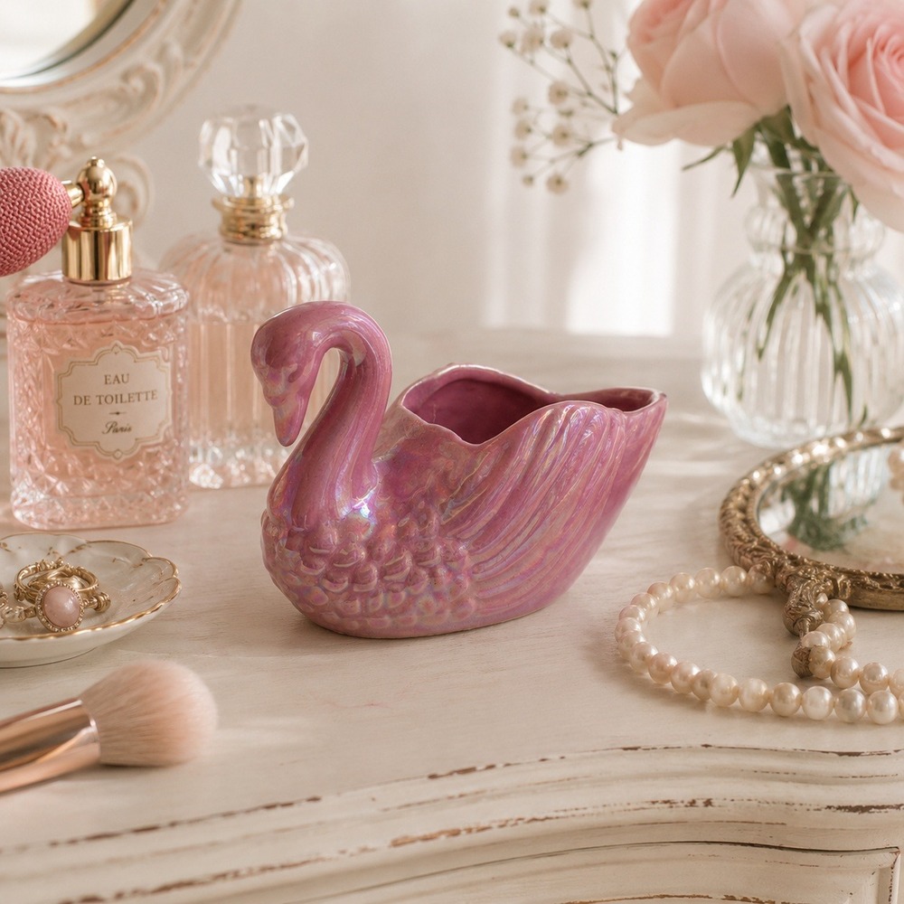 Vintage Pink Swan Planter Iridescent Ceramic Coquette Vanity Cottage Decor
